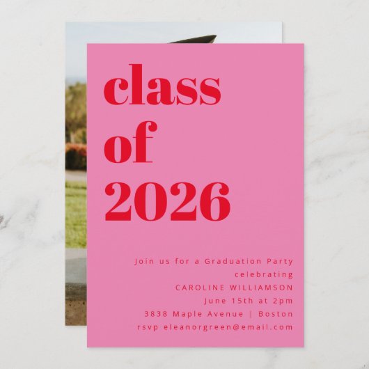 ピンクはっきりしたと赤の2025写真卒業パーティー 招待状 (正面/裏面)