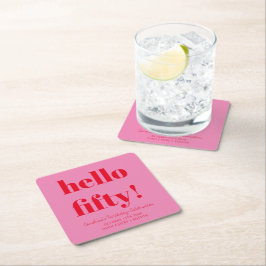 ピンクはっきりしたと赤モダン50誕生日カスタム スクエアペーパーコースター