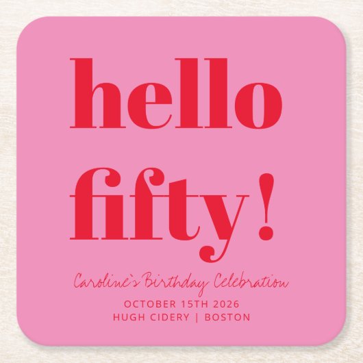 ピンクはっきりしたと赤モダン50誕生日カスタム スクエアペーパーコースター (正面)