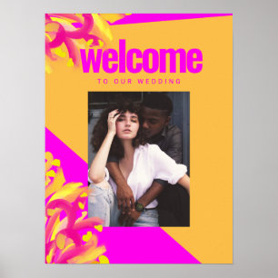 ピンクはっきりしたのオレンジ色の写真の結婚ウェルカムサイン ポスター