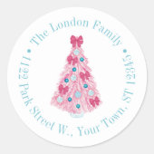 ピンクはっきりしたのクリスマスツリーとティール（緑がかった色）差出人住所 ラウンドシール (正面)