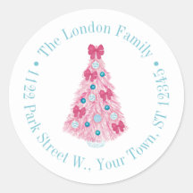 ピンクはっきりしたのクリスマスツリーとティール（緑がかった色）差出人住所