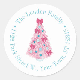 ピンクはっきりしたのクリスマスツリーとティール（緑がかった色）差出人住所 ラウンドシール