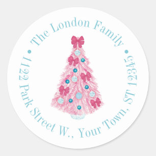 ピンクはっきりしたのクリスマスツリーとティール（緑がかった色）差出人住所 ラウンドシール