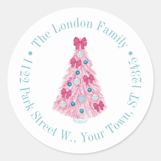 ピンクはっきりしたのクリスマスツリーとティール(緑がかった色)差出人住所 ラウンドシール (正面)
