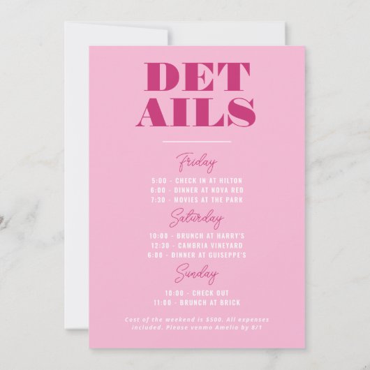 ピンクはっきりしたのバチェロレッテ週末 招待状 (裏面)