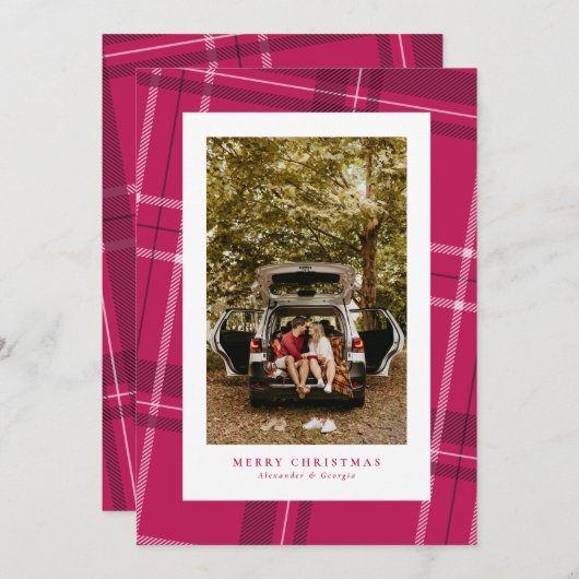 ピンクはっきりしたの格子模様おもしろい1枚の写真クリスマス シーズンカード (正面/裏面)