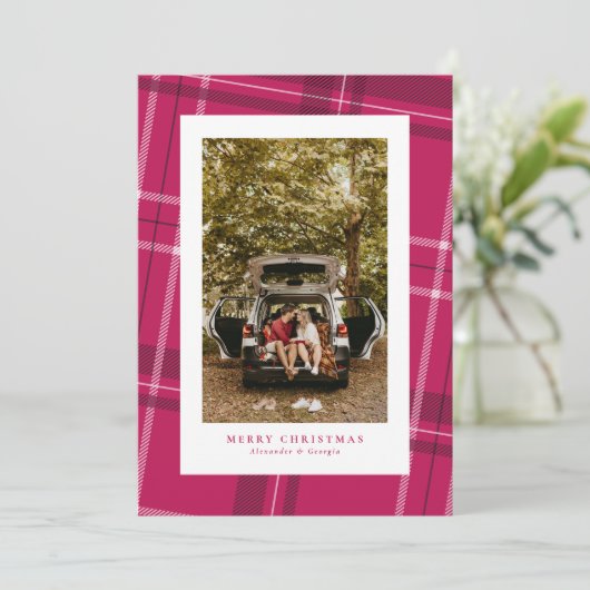 ピンクはっきりしたの格子模様おもしろい1枚の写真クリスマス シーズンカード (スタンド正面)