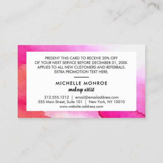 ピンクはっきりしたの水彩割引クーポンカード 名刺 (裏面)
