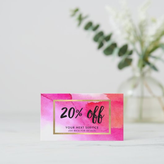 ピンクはっきりしたの水彩割引クーポンカード 名刺 (スタンド正面)