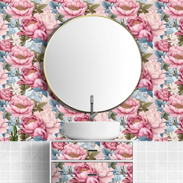 ピンクはっきりしたの牡丹の大きカラフルな模様 壁紙 (Big Bold Pink Peonies Colorful Pattern Wallpaper from Ricaso. Stunning & elegant for any room)