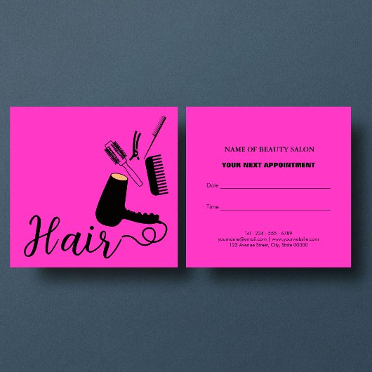 ピンクはっきりしたの美容師リマインダーアポイントメントカード スクエア名刺