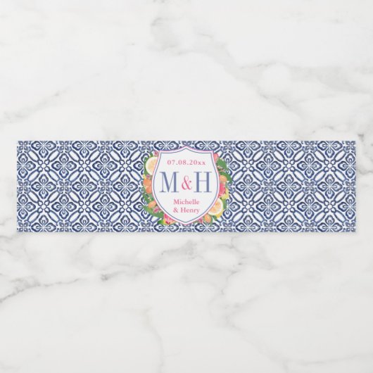 ピンクはっきりしたの花シトラスブルー結婚タイルの紋 ペットボトルラベル (シングルラベル)