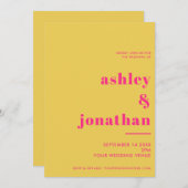 ピンクはっきりしたイエロータイポグラフィモダン結婚ズ 招待状 (正面/裏面)