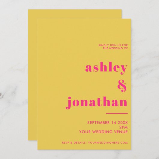 ピンクはっきりしたイエロータイポグラフィモダン結婚ズ 招待状 (正面/裏面)