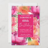 ピンクはっきりしたオレンジピーニーのエレガントな誕生日パーティー 招待状 (正面)