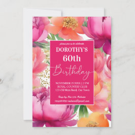 ピンクはっきりしたオレンジピーニーのエレガントな誕生日パーティー 招待状