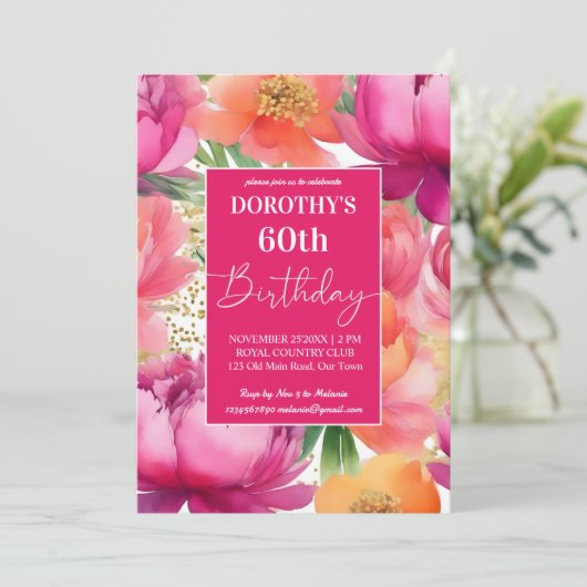 ピンクはっきりしたオレンジピーニーのエレガントな誕生日パーティー 招待状 (スタンド正面)