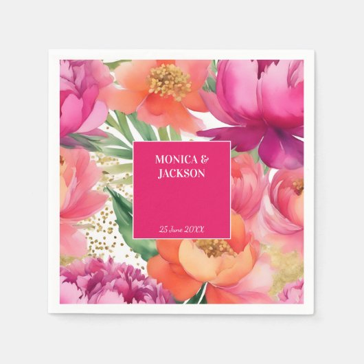 ピンクはっきりしたオレンジ色のピーニーのエレガントな結婚式の食器 スタンダードカクテルナプキン (正面)
