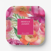 ピンクはっきりしたオレンジ色のピーニーのエレガントな結婚式の食器 ペーパープレート (正面)