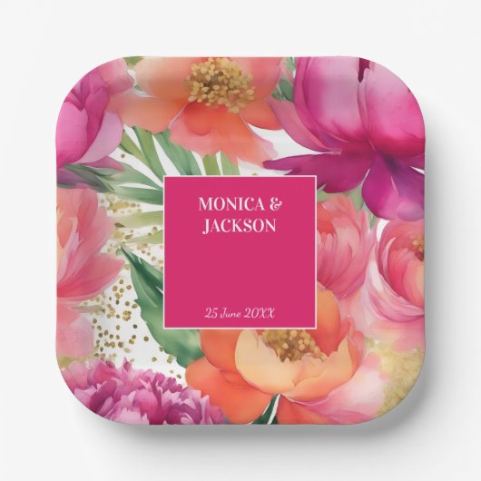 ピンクはっきりしたオレンジ色のピーニーのエレガントな結婚式の食器 ペーパープレート (正面)