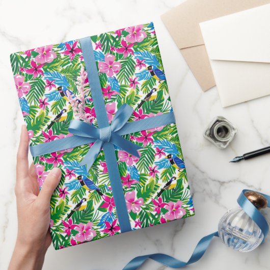 ピンクはっきりしたカラフルのトロピカルクリスマスホリデー ラッピングペーパー (ギフト)