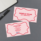 ピンクはっきりしたクモダンレッドスクワイグル波レトロ 名刺