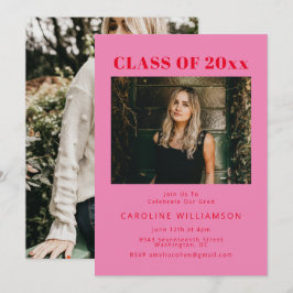 ピンクはっきりしたクモダンレッド2写真卒業パーティー 招待状