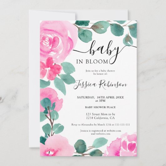 ピンクはっきりしたグリーンフローラ水色ベビーシャワー 招待状 (正面)