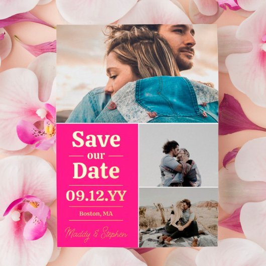 ピンクはっきりしたタイポグラフィフォトコラージュ日付の保存 箔招待状