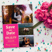 ピンクはっきりしたタイポグラフィフォトコラージュ日付の保存 箔招待状