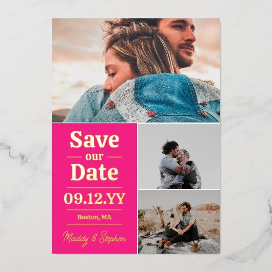 ピンクはっきりしたタイポグラフィフォトコラージュ日付の保存 箔招待状 (正面)