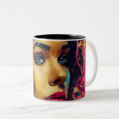 ピンクはっきりしたハイビスカスアンドウーマン抽象芸術ポートレート ツートーンマグカップ (正面右)