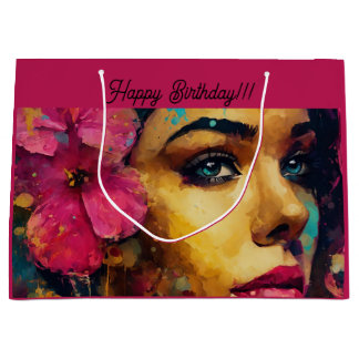 ピンクはっきりしたハイビスカスアンドウーマン抽象芸術ポートレート ラージペーパーバッグ