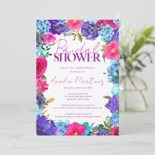 ピンクはっきりしたパープルブルーウォーターブライダルシャワー 招待状 (スタンド正面)