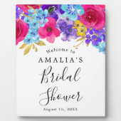 ピンクはっきりしたパープルブルーフローラブライダルシャワーへようこそ フォトプラーク (正面)