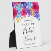 ピンクはっきりしたパープルブルーフローラブライダルシャワーへようこそ フォトプラーク (側面)