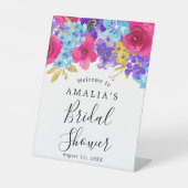 ピンクはっきりしたパープルブルーフローラブライダルシャワーへようこそ 台座サイン (正面)