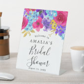 ピンクはっきりしたパープルブルーフローラブライダルシャワーへようこそ 台座サイン (インサイチュ)