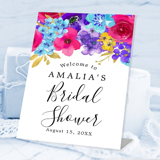ピンクはっきりしたパープルブルーフローラブライダルシャワーへようこそ 台座サイン