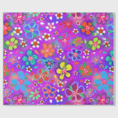 ピンクはっきりしたパープルボホに明るい色の花 ラッピングペーパー (フラット)