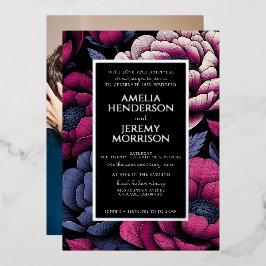 ピンクはっきりしたフローラと写真 箔招待状