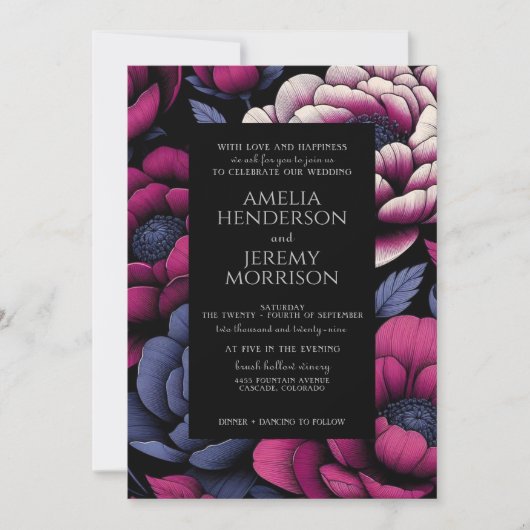 ピンクはっきりしたフローラとQRコード 招待状 (正面)