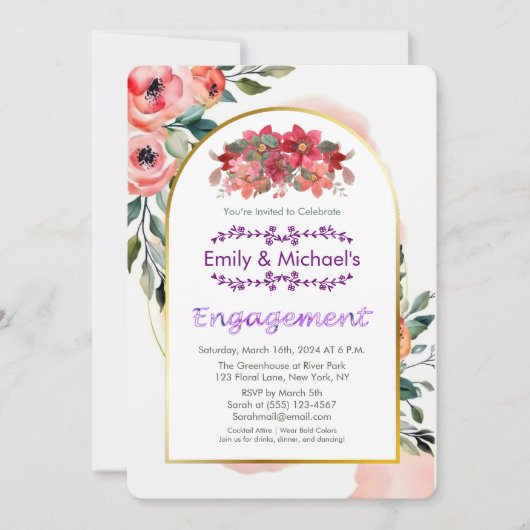 ピンクはっきりしたフローラ春開花婚約パーティ 招待状 (正面)