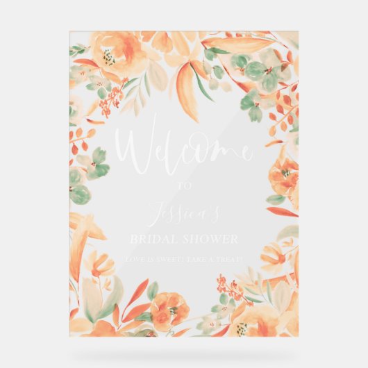 ピンクはっきりしたフローラ水色ブライダルシャワーへようこそ アクリルサイン (正面)