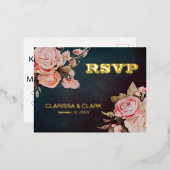 ピンクはっきりしたフローラRSVPフォイル結婚のポストカード 箔シーズンポストカード (正面/裏面)