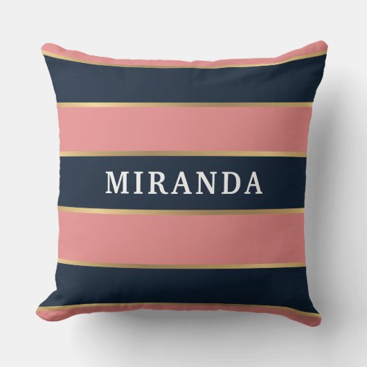 ピンクはっきりしたブルー金ゴールドパタストライプーン クッション (正面)