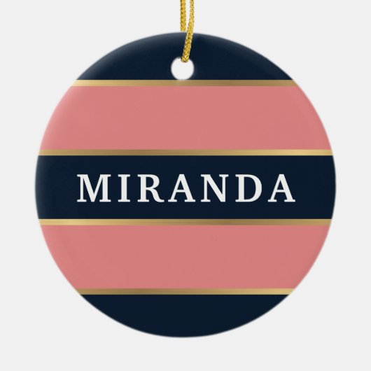 ピンクはっきりしたブルー金ゴールドパタストライプーン セラミックオーナメント (正面)