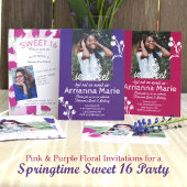 ピンクはっきりしたホワイトフラワースウィート16誕生日 招待状