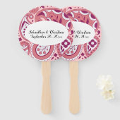 ピンクはっきりしたホワイトペイズリーデザイン涙滴楕円 ハンドファン (正面&裏面)